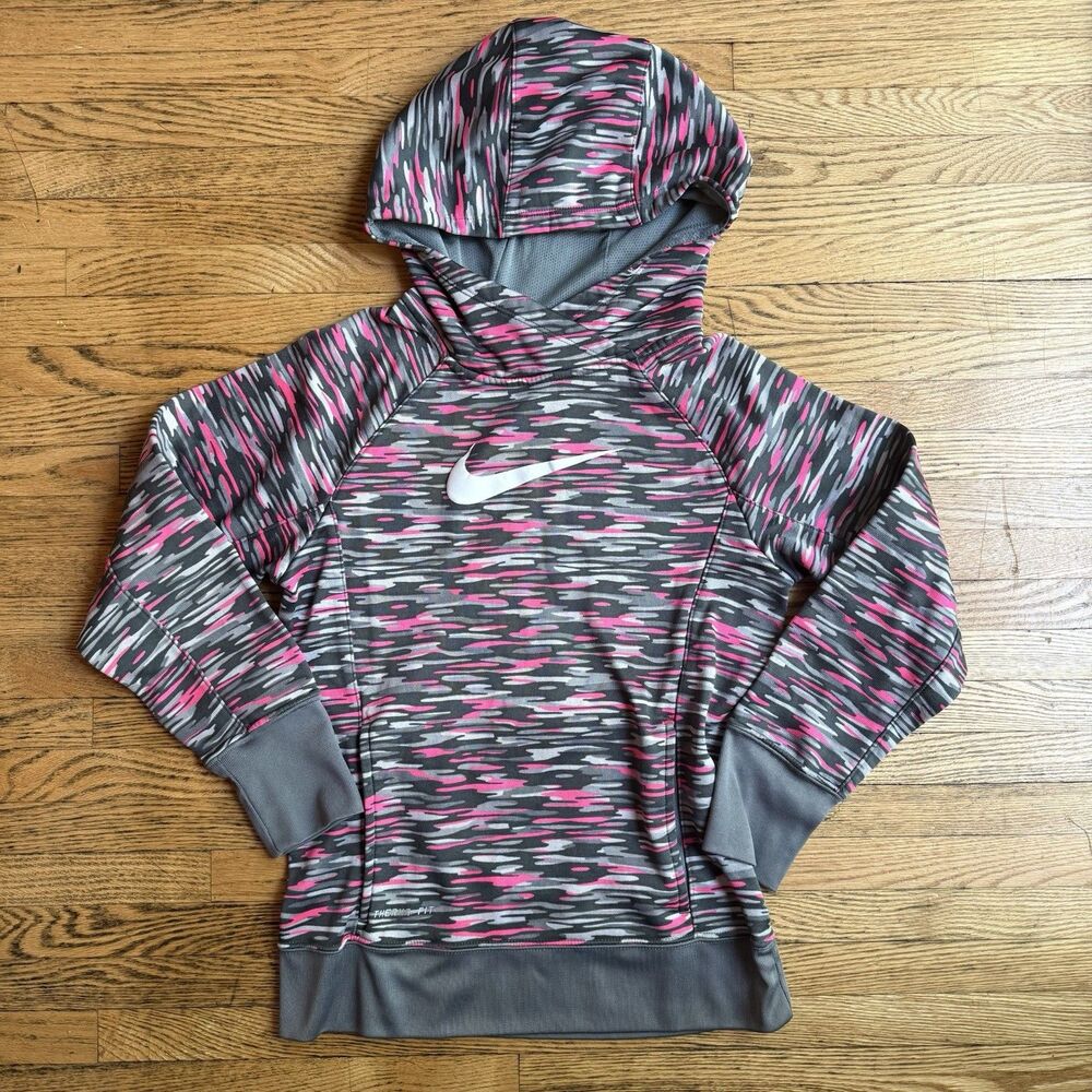 Nike Therma Fit Hoodie Girls Large Athletic Fleece Lined Sweatshirt Gray Pink